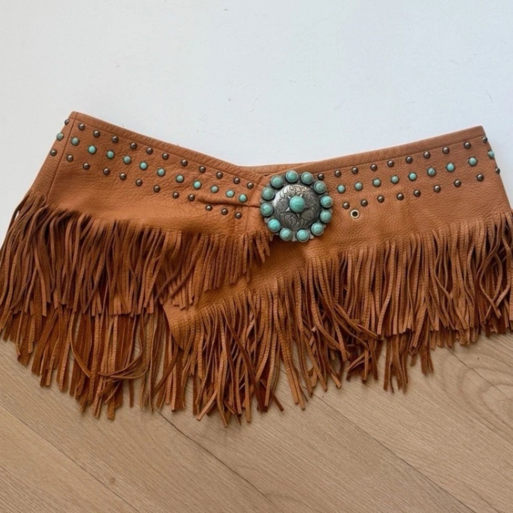 Tan Fringe Leather Waist Belt with Turquoise Accent